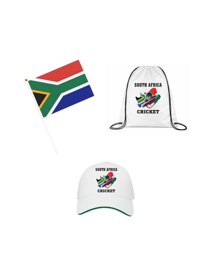 South Africa Sports Fans Combo Pack - Pack of 3 - Drawstring Bag, Hand Flag and Cap - South Africa Sports Enthusiasts Combo Pack - Ideal for Sports Matches and Events - Image 1